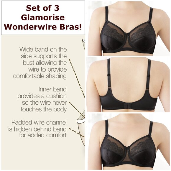 Set of 3! 42D Glamorise Bra Satin & Lace UNDERWIRE (FLEXI SIDE BONES) Black NEW - Picture 1 of 16
